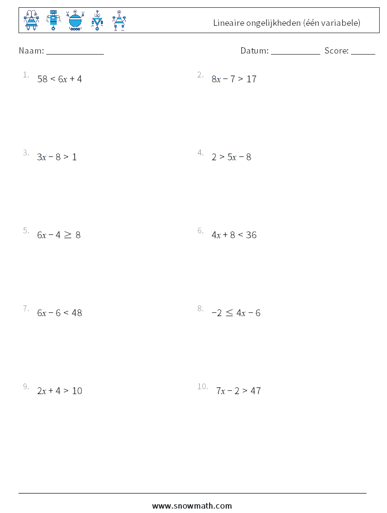 Lineaire ongelijkheden (één variabele) Wiskundige werkbladen 6