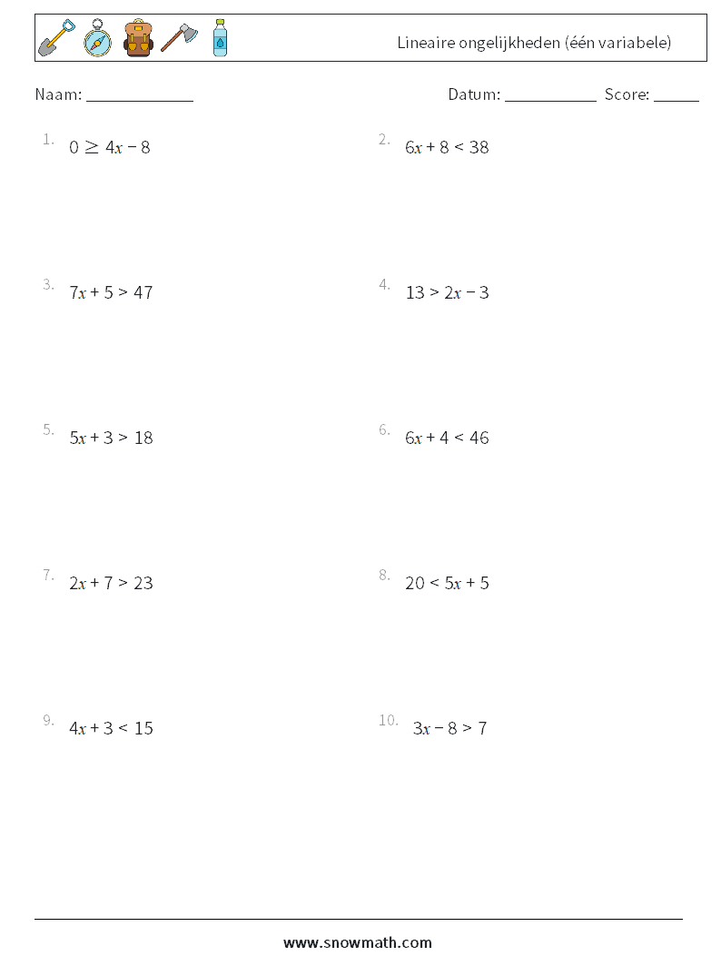 Lineaire ongelijkheden (één variabele) Wiskundige werkbladen 7