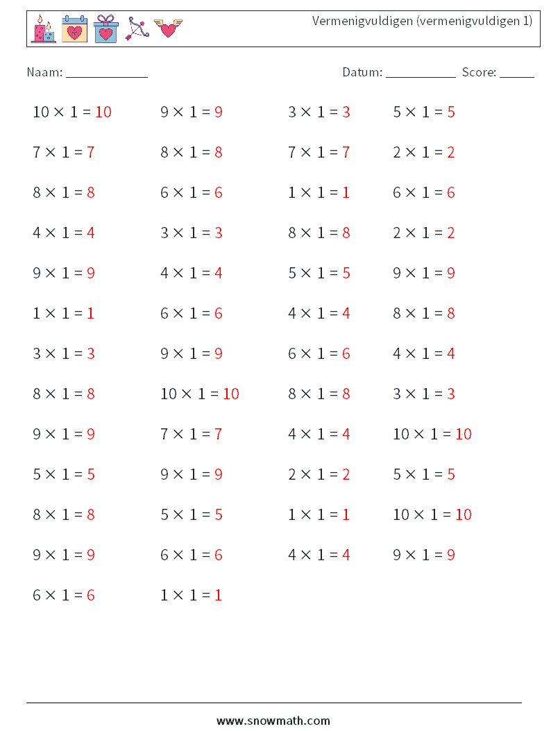 (50) Vermenigvuldigen (vermenigvuldigen 1) Wiskundige werkbladen 1 Vraag, Antwoord