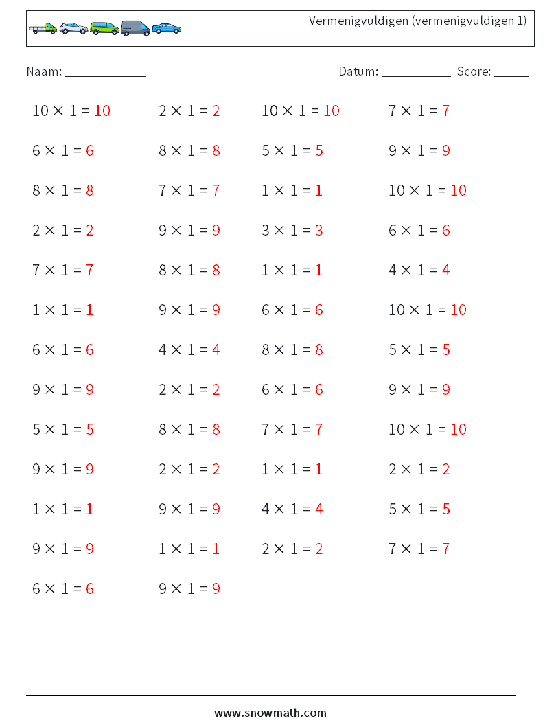 (50) Vermenigvuldigen (vermenigvuldigen 1) Wiskundige werkbladen 2 Vraag, Antwoord