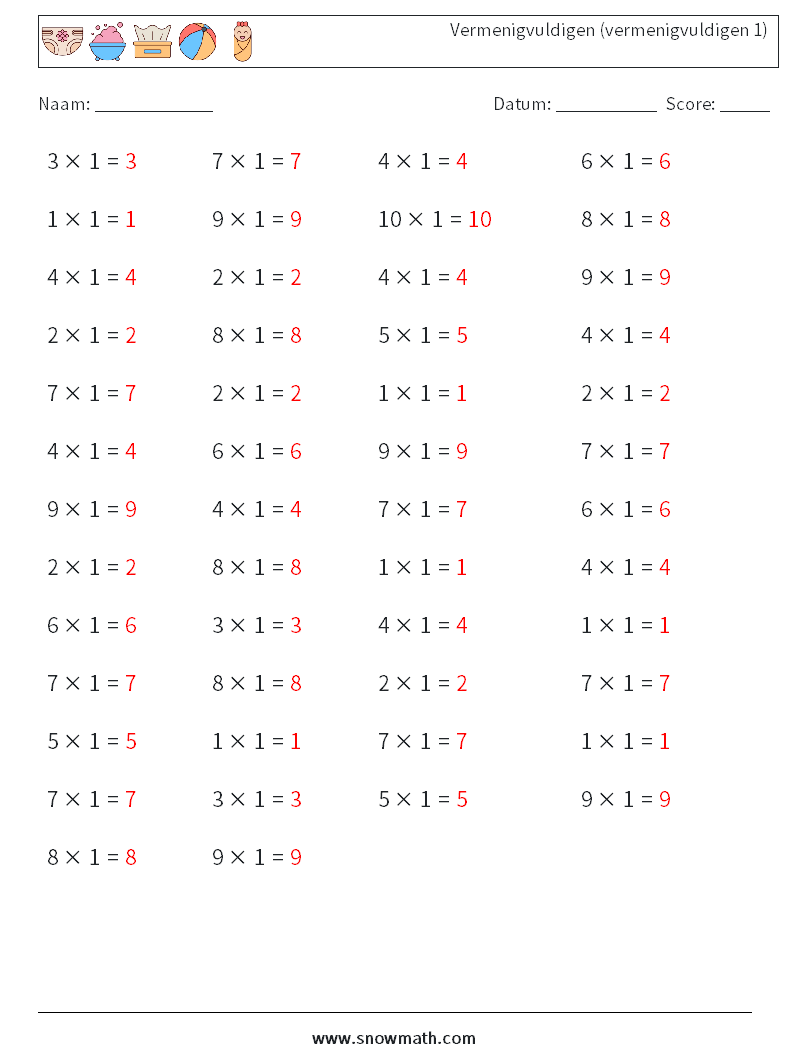 (50) Vermenigvuldigen (vermenigvuldigen 1) Wiskundige werkbladen 3 Vraag, Antwoord