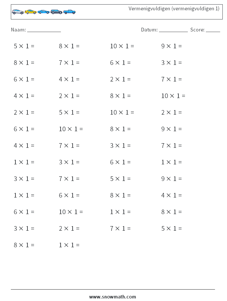 (50) Vermenigvuldigen (vermenigvuldigen 1) Wiskundige werkbladen 5