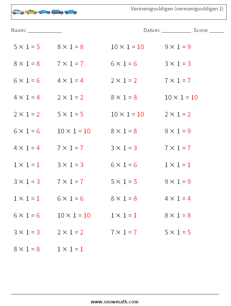 (50) Vermenigvuldigen (vermenigvuldigen 1) Wiskundige werkbladen 5 Vraag, Antwoord