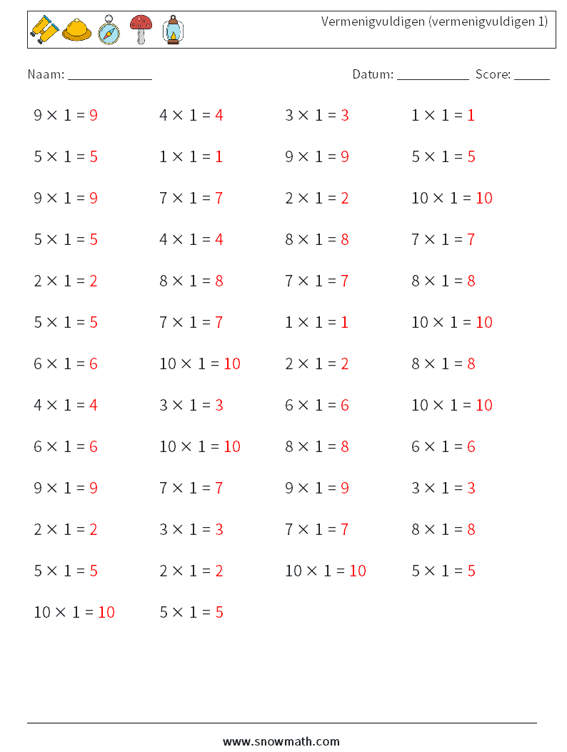 (50) Vermenigvuldigen (vermenigvuldigen 1) Wiskundige werkbladen 6 Vraag, Antwoord