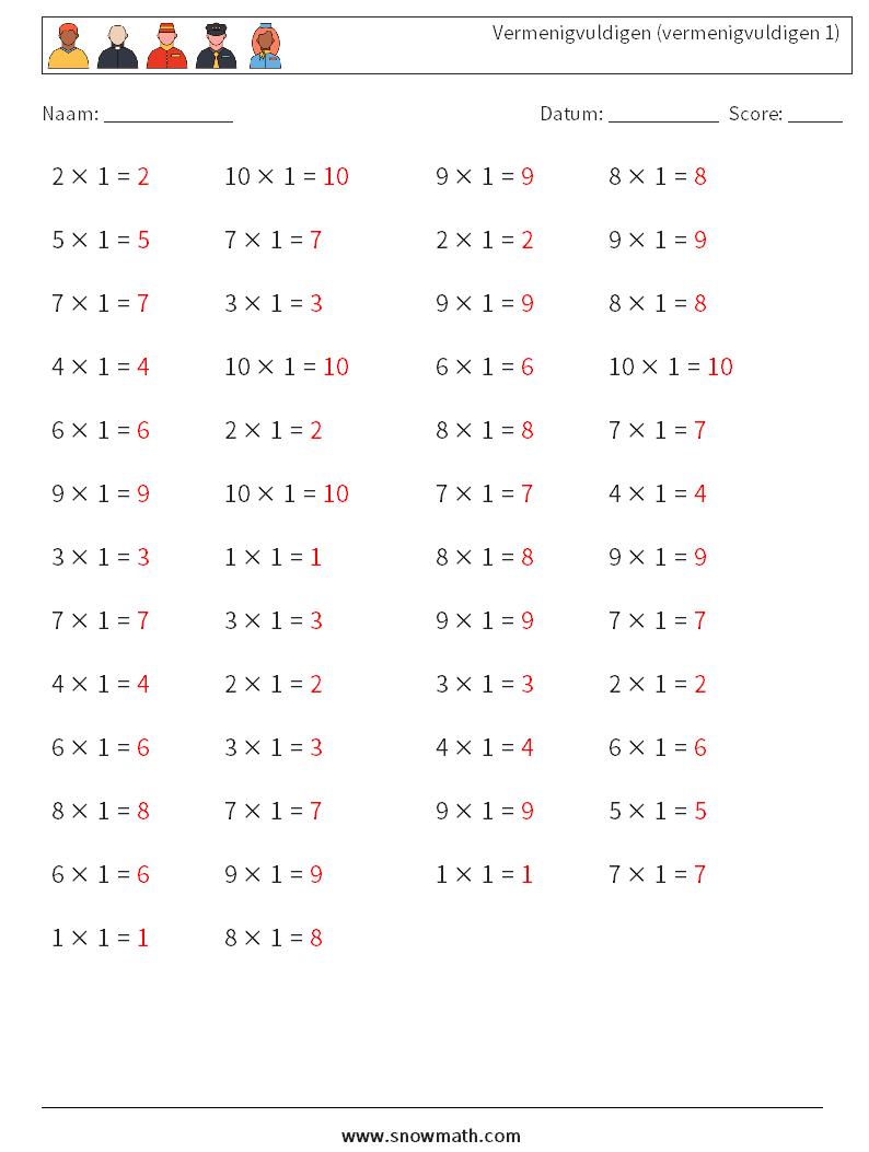 (50) Vermenigvuldigen (vermenigvuldigen 1) Wiskundige werkbladen 7 Vraag, Antwoord