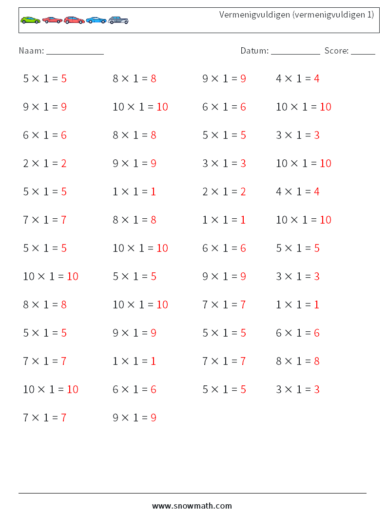 (50) Vermenigvuldigen (vermenigvuldigen 1) Wiskundige werkbladen 9 Vraag, Antwoord