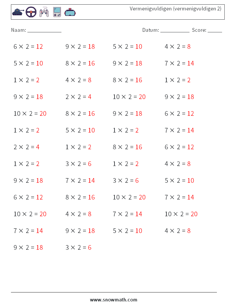 (50) Vermenigvuldigen (vermenigvuldigen 2) Wiskundige werkbladen 1 Vraag, Antwoord