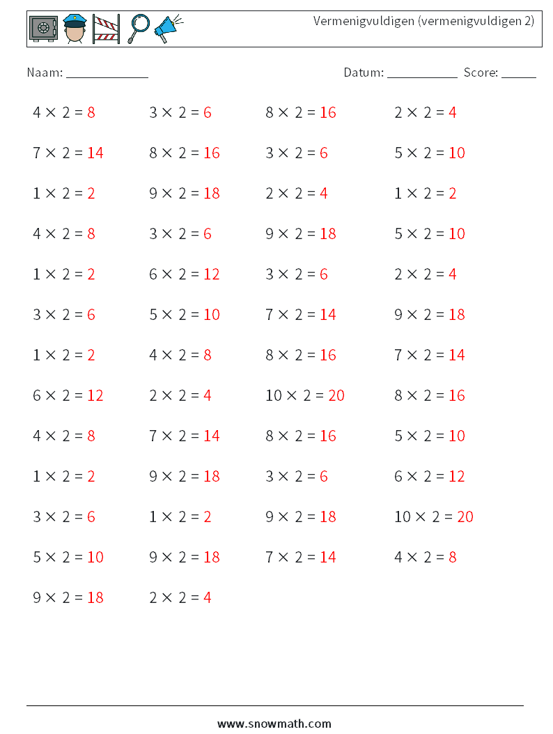 (50) Vermenigvuldigen (vermenigvuldigen 2) Wiskundige werkbladen 2 Vraag, Antwoord