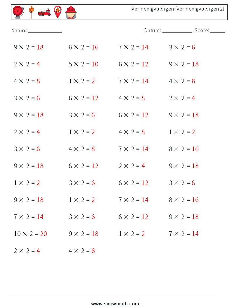 (50) Vermenigvuldigen (vermenigvuldigen 2) Wiskundige werkbladen 4 Vraag, Antwoord