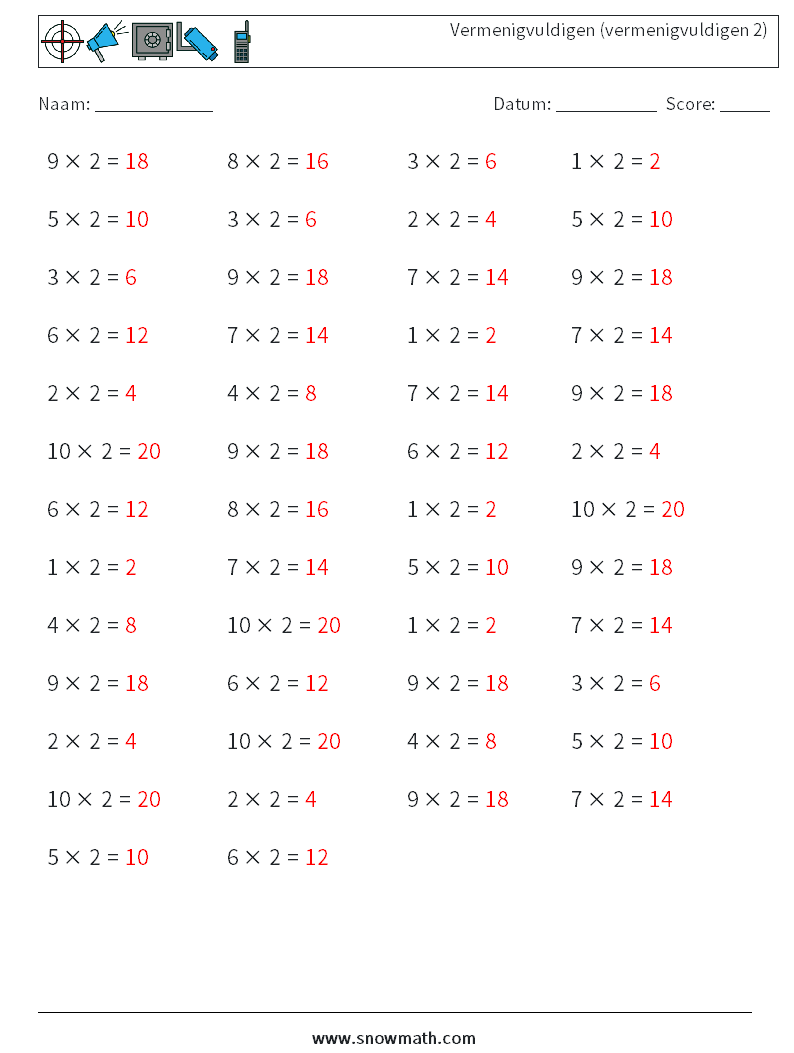 (50) Vermenigvuldigen (vermenigvuldigen 2) Wiskundige werkbladen 5 Vraag, Antwoord