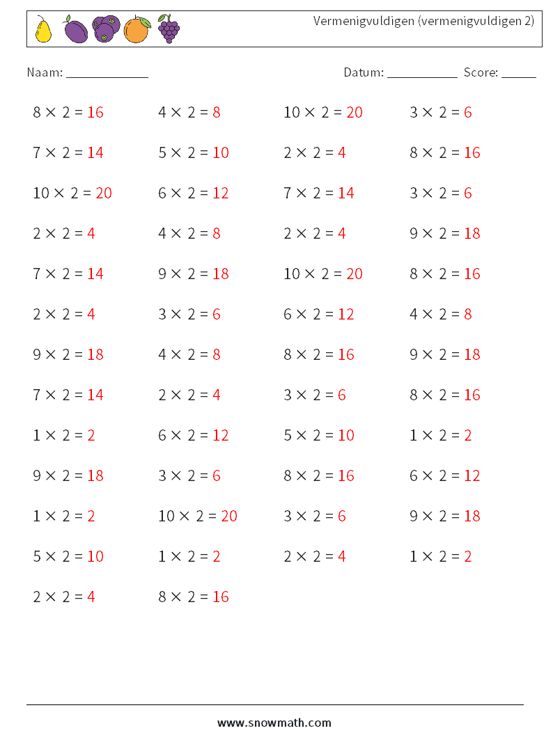 (50) Vermenigvuldigen (vermenigvuldigen 2) Wiskundige werkbladen 6 Vraag, Antwoord