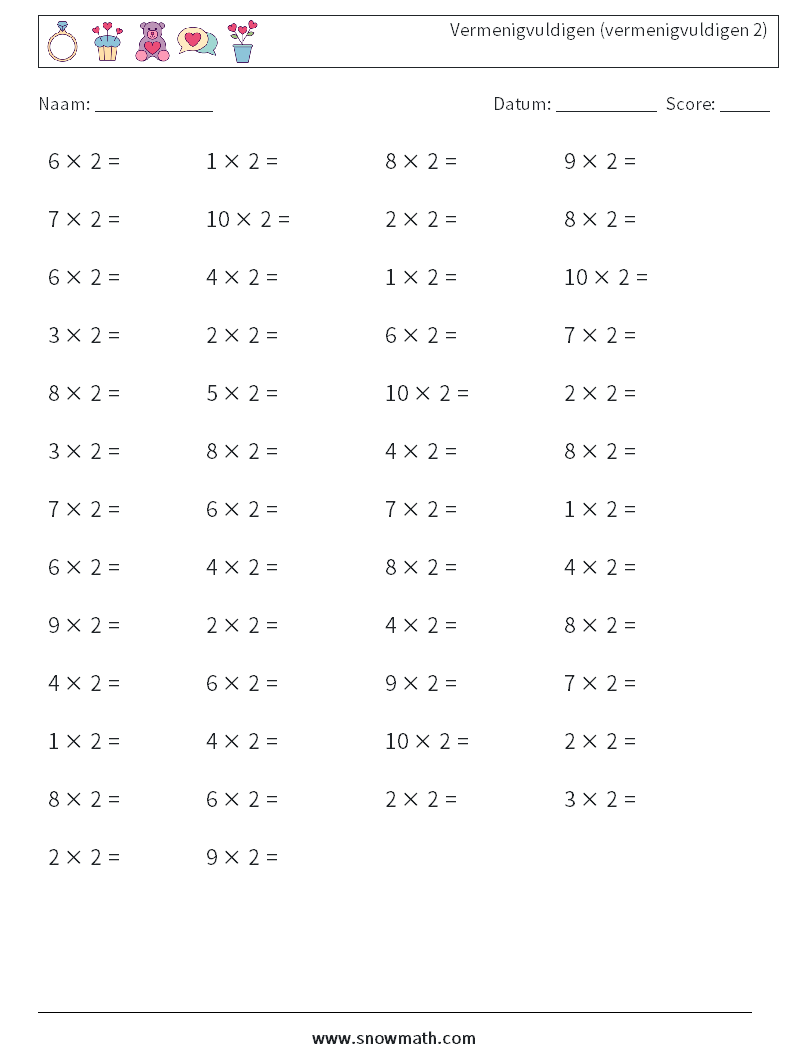 (50) Vermenigvuldigen (vermenigvuldigen 2) Wiskundige werkbladen 7