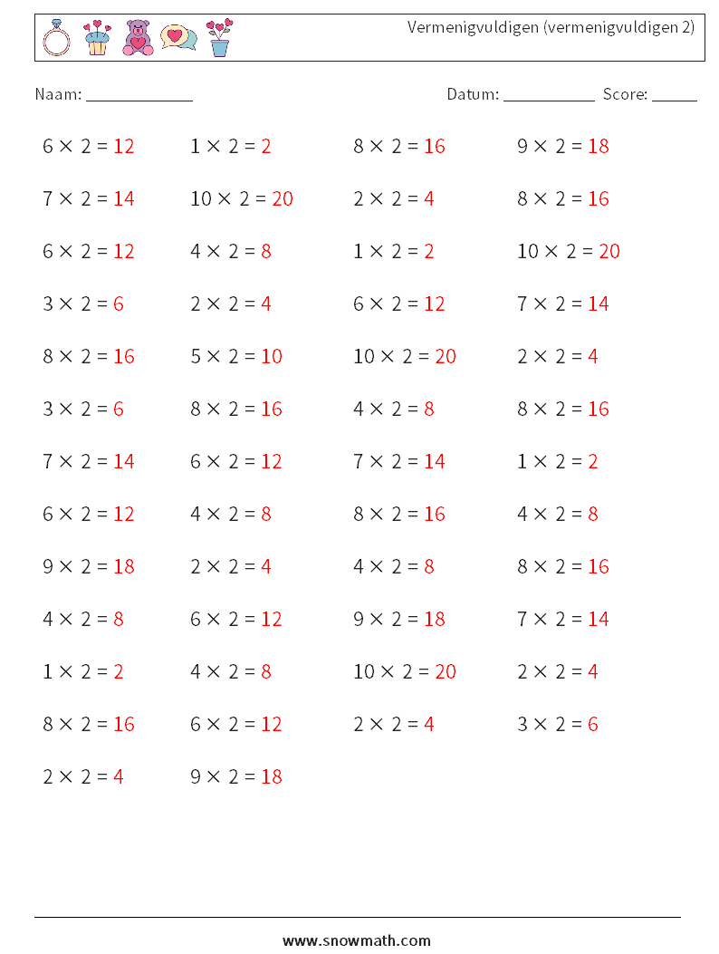 (50) Vermenigvuldigen (vermenigvuldigen 2) Wiskundige werkbladen 7 Vraag, Antwoord