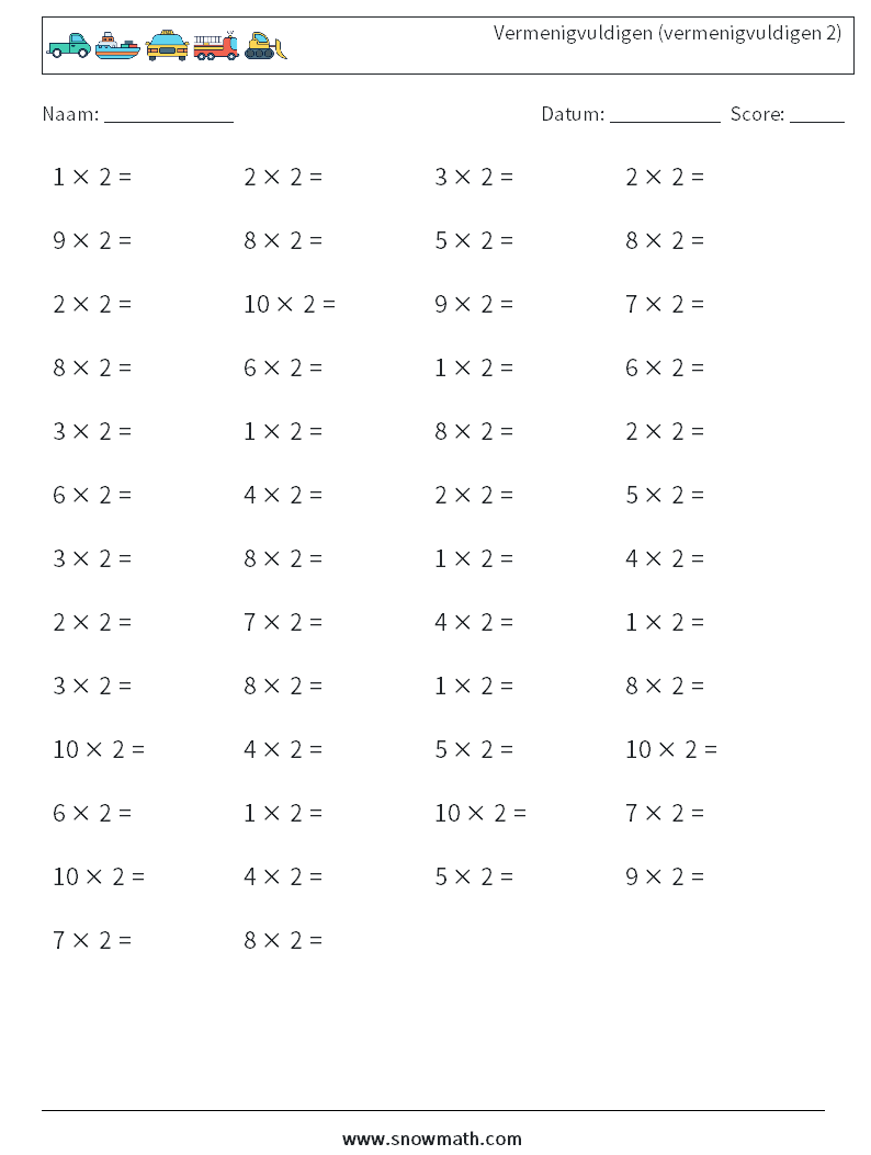(50) Vermenigvuldigen (vermenigvuldigen 2) Wiskundige werkbladen 8