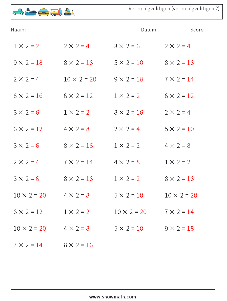 (50) Vermenigvuldigen (vermenigvuldigen 2) Wiskundige werkbladen 8 Vraag, Antwoord