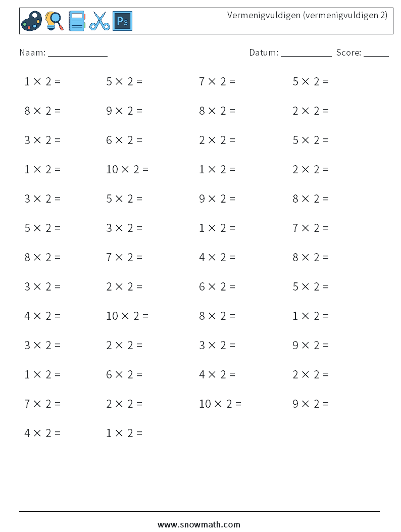 (50) Vermenigvuldigen (vermenigvuldigen 2) Wiskundige werkbladen 9