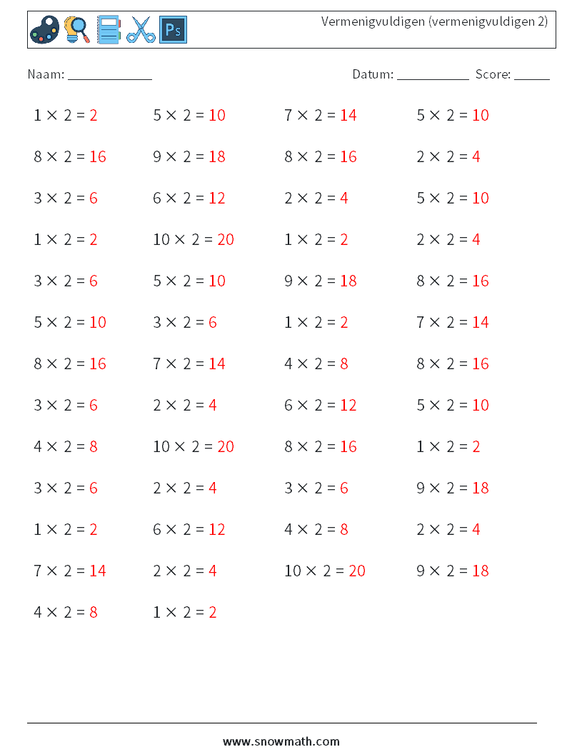 (50) Vermenigvuldigen (vermenigvuldigen 2) Wiskundige werkbladen 9 Vraag, Antwoord