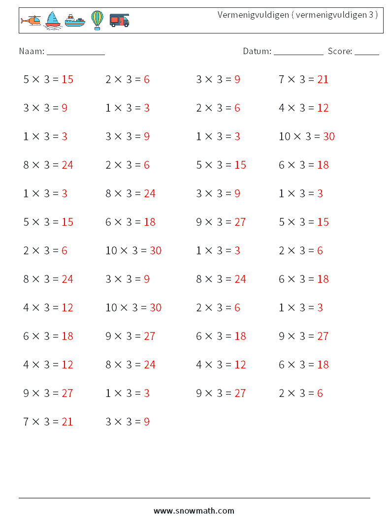 (50) Vermenigvuldigen ( vermenigvuldigen 3 ) Wiskundige werkbladen 1 Vraag, Antwoord