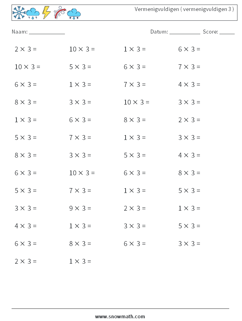 (50) Vermenigvuldigen ( vermenigvuldigen 3 ) Wiskundige werkbladen 2