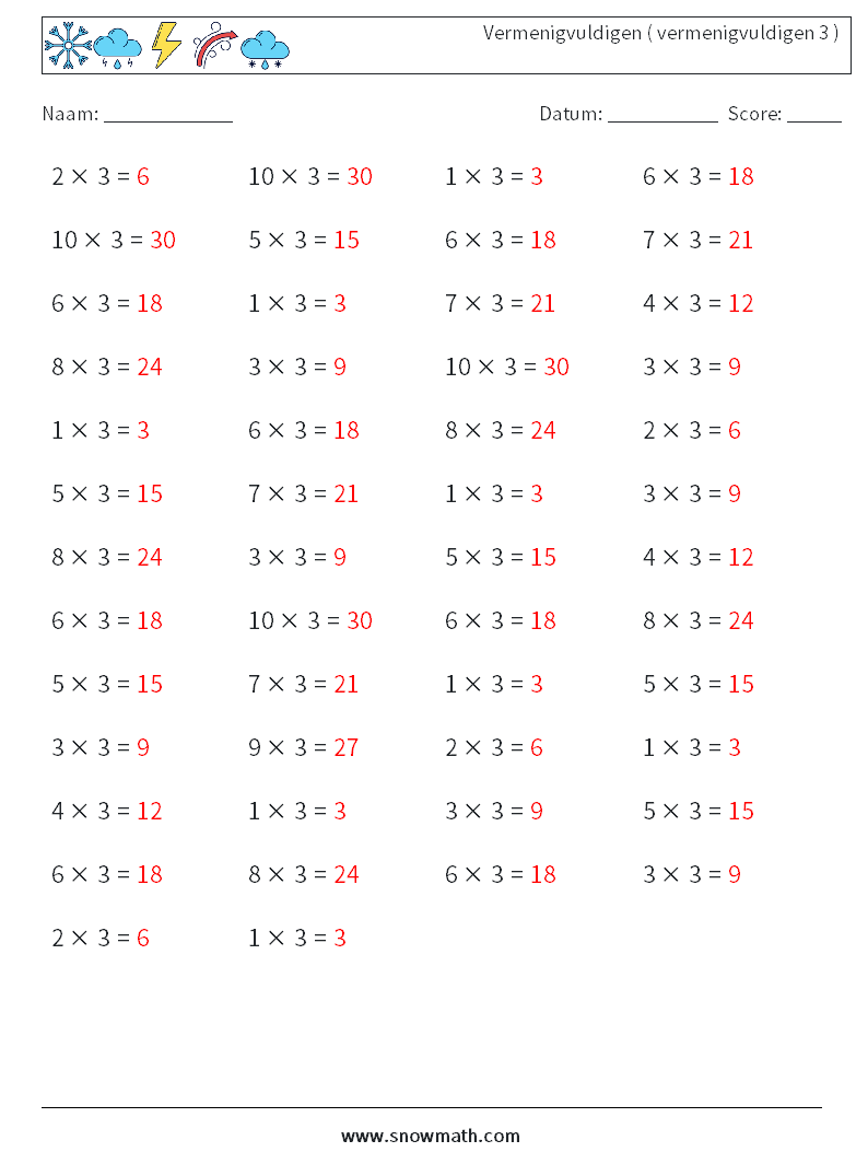 (50) Vermenigvuldigen ( vermenigvuldigen 3 ) Wiskundige werkbladen 2 Vraag, Antwoord