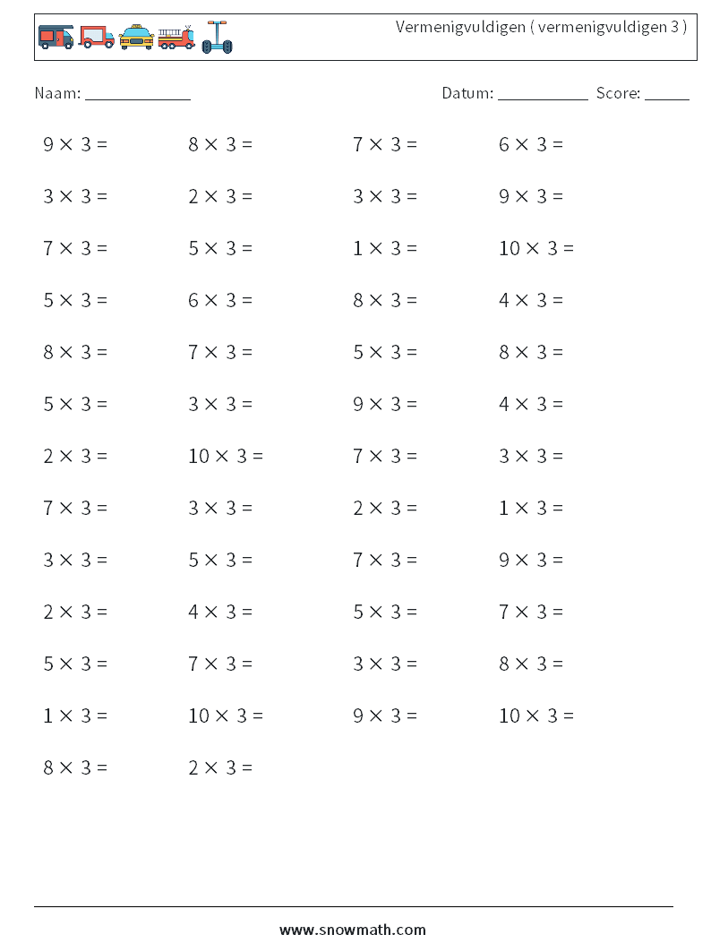 (50) Vermenigvuldigen ( vermenigvuldigen 3 ) Wiskundige werkbladen 3