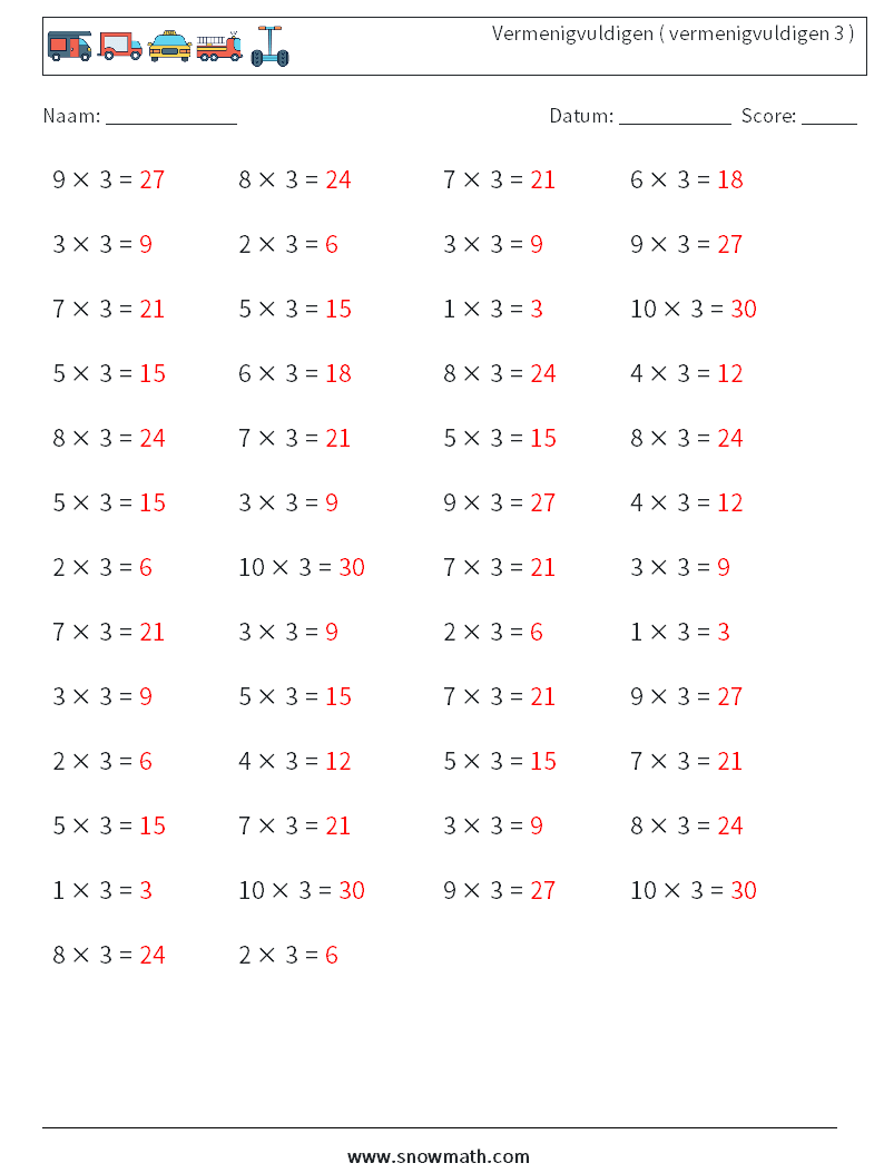 (50) Vermenigvuldigen ( vermenigvuldigen 3 ) Wiskundige werkbladen 3 Vraag, Antwoord