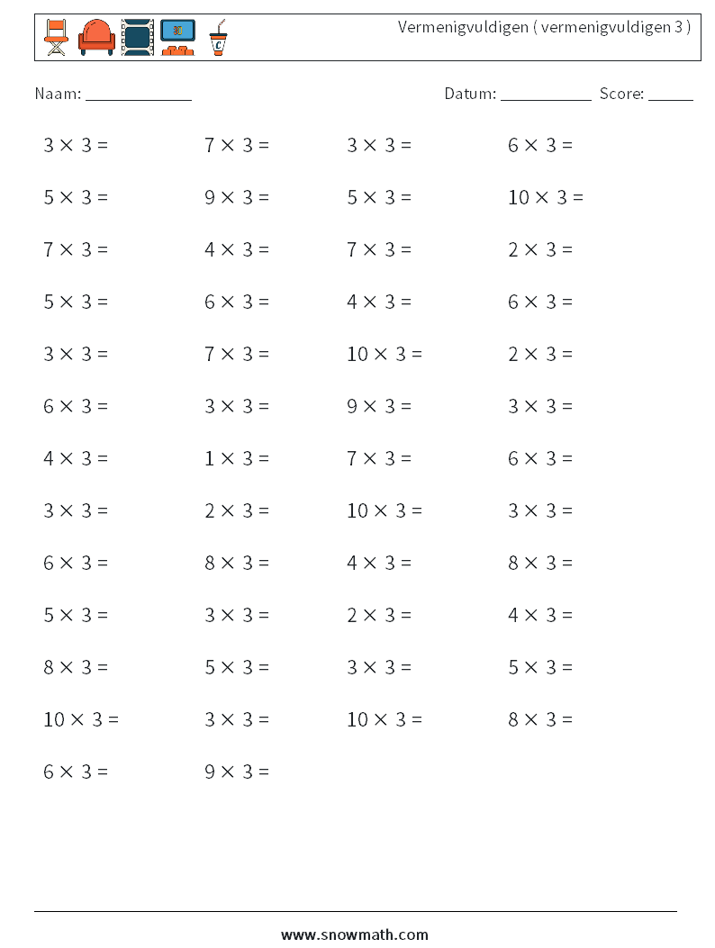 (50) Vermenigvuldigen ( vermenigvuldigen 3 ) Wiskundige werkbladen 6