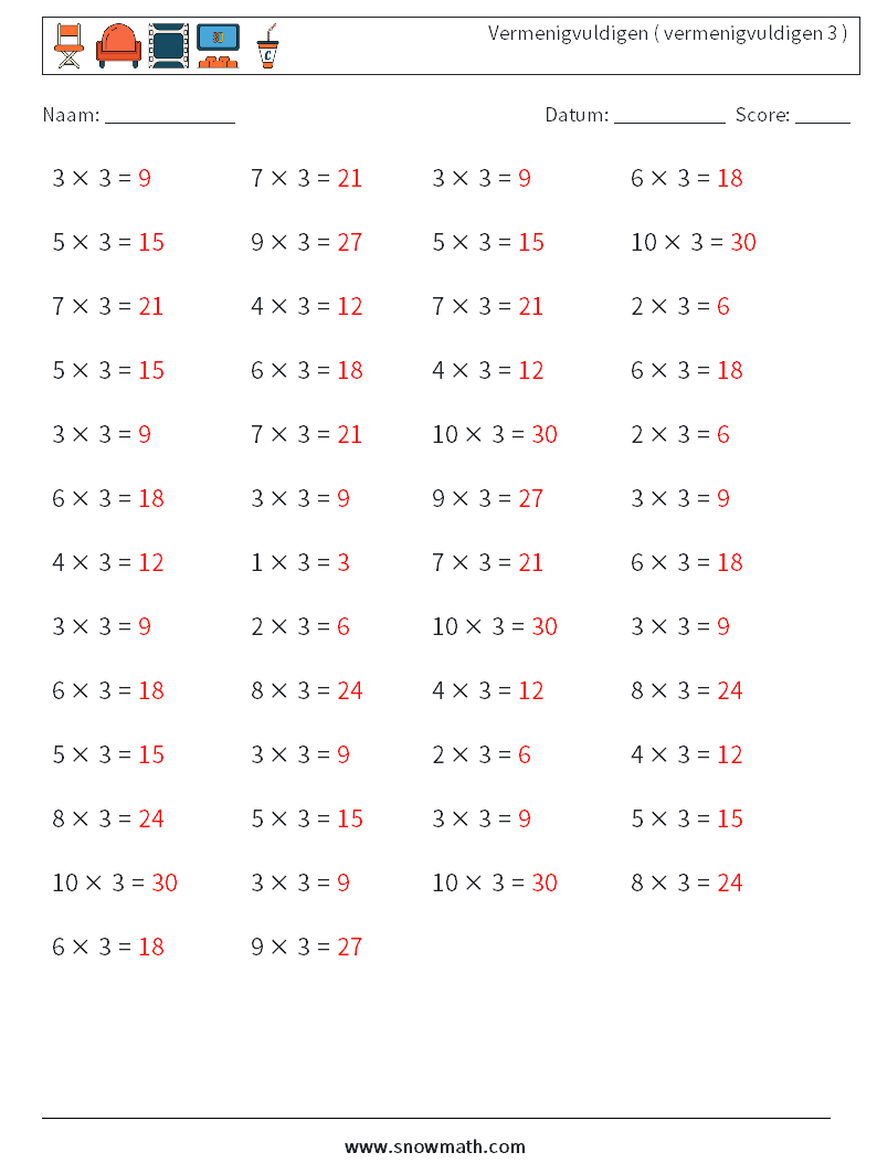 (50) Vermenigvuldigen ( vermenigvuldigen 3 ) Wiskundige werkbladen 6 Vraag, Antwoord