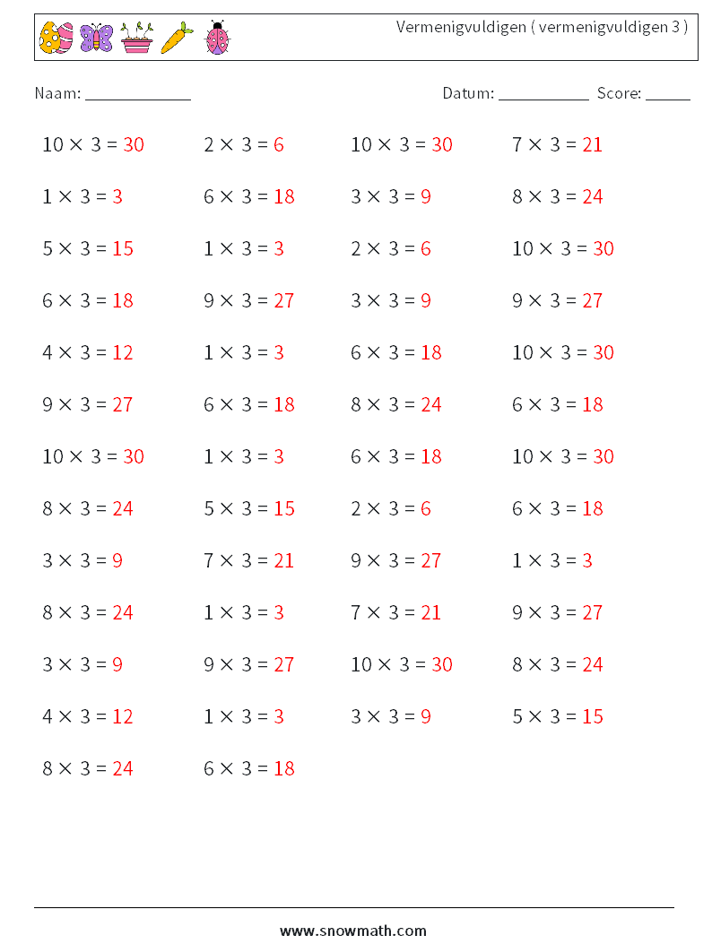 (50) Vermenigvuldigen ( vermenigvuldigen 3 ) Wiskundige werkbladen 7 Vraag, Antwoord