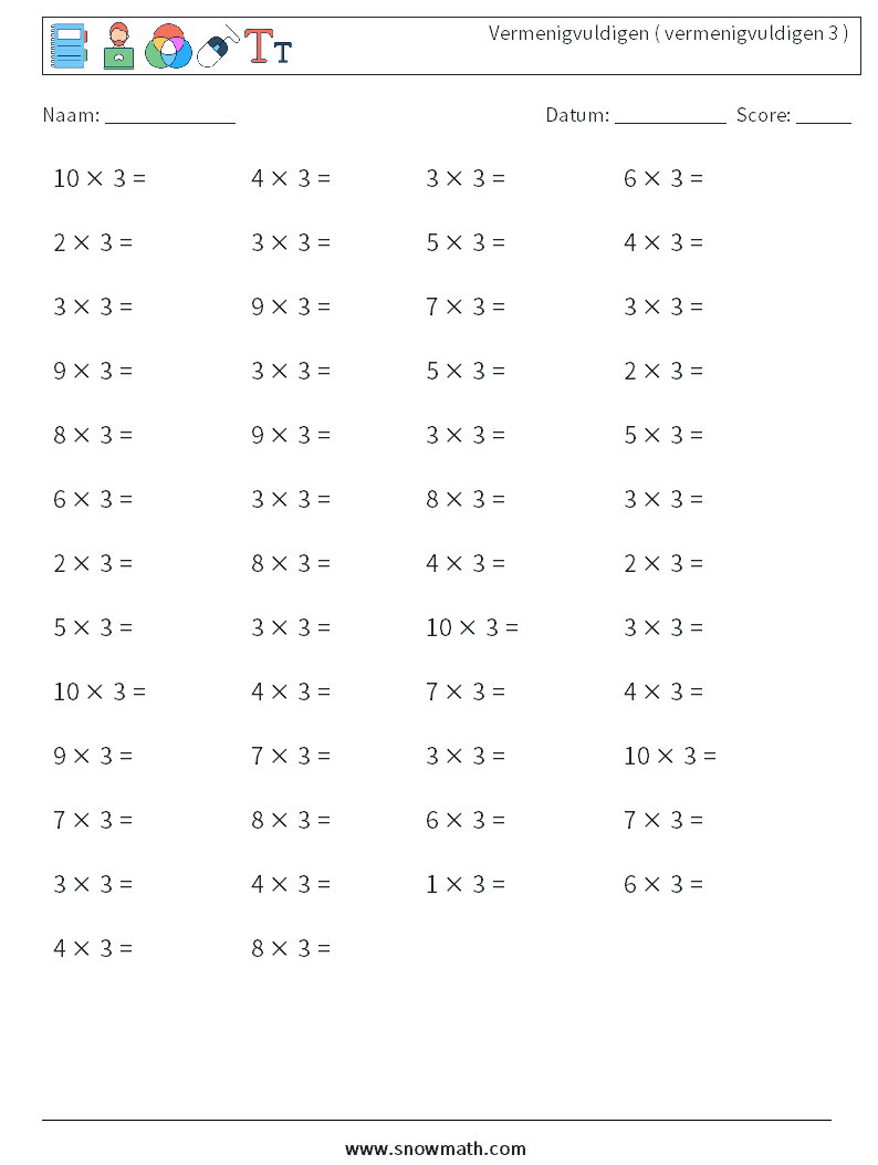 (50) Vermenigvuldigen ( vermenigvuldigen 3 ) Wiskundige werkbladen 8