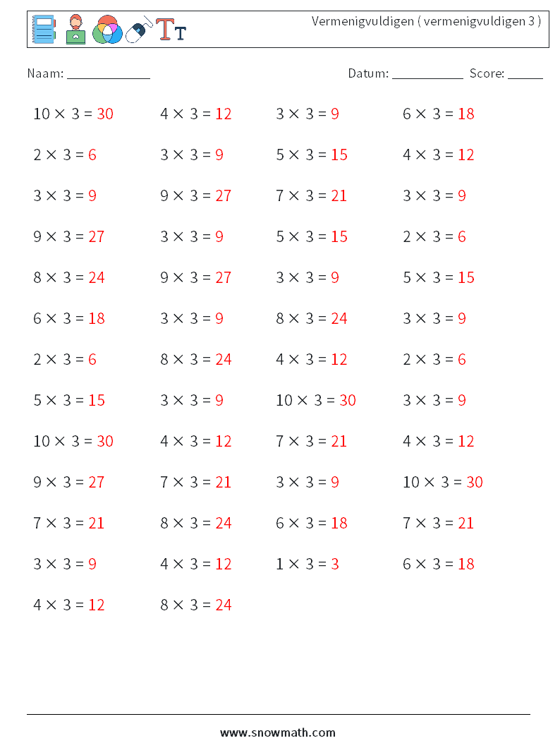 (50) Vermenigvuldigen ( vermenigvuldigen 3 ) Wiskundige werkbladen 8 Vraag, Antwoord