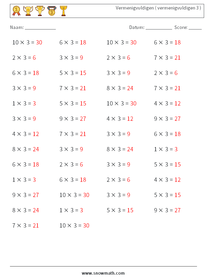 (50) Vermenigvuldigen ( vermenigvuldigen 3 ) Wiskundige werkbladen 9 Vraag, Antwoord