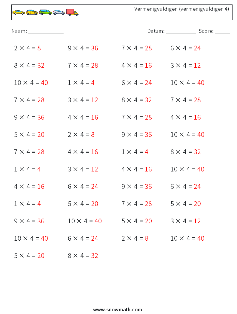 (50) Vermenigvuldigen (vermenigvuldigen 4) Wiskundige werkbladen 1 Vraag, Antwoord