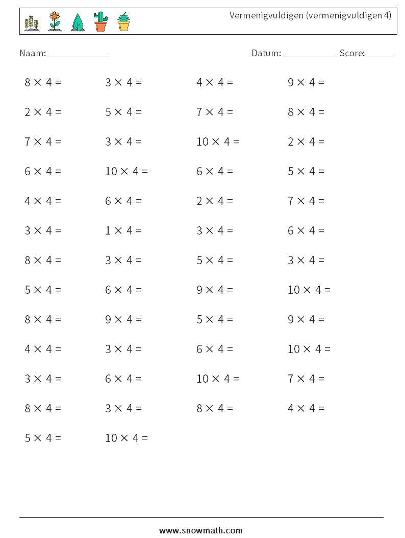 (50) Vermenigvuldigen (vermenigvuldigen 4) Wiskundige werkbladen 2