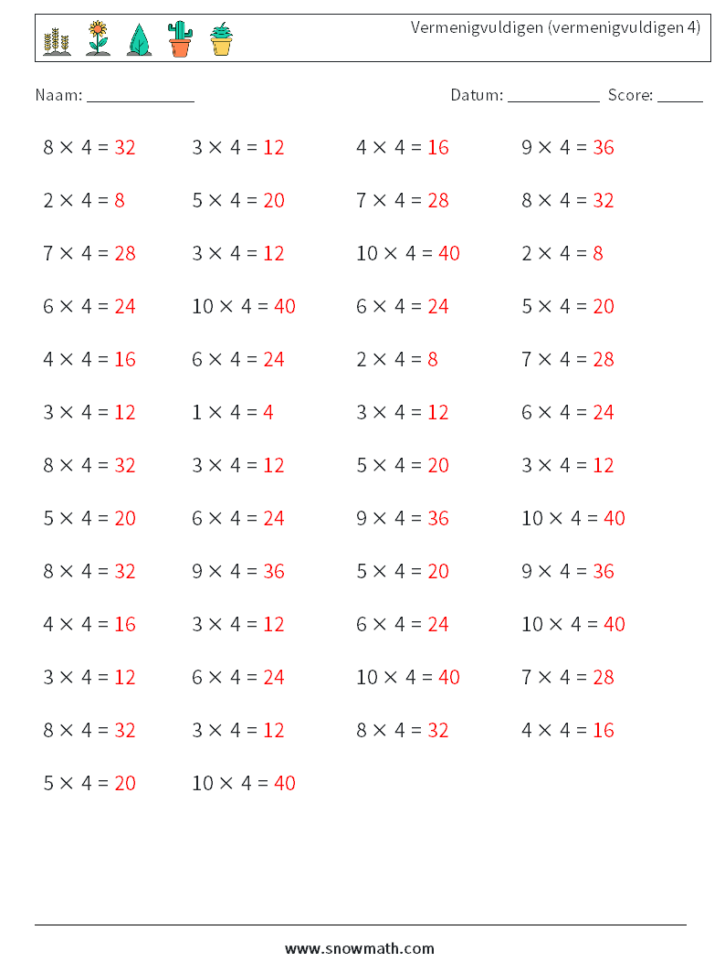 (50) Vermenigvuldigen (vermenigvuldigen 4) Wiskundige werkbladen 2 Vraag, Antwoord