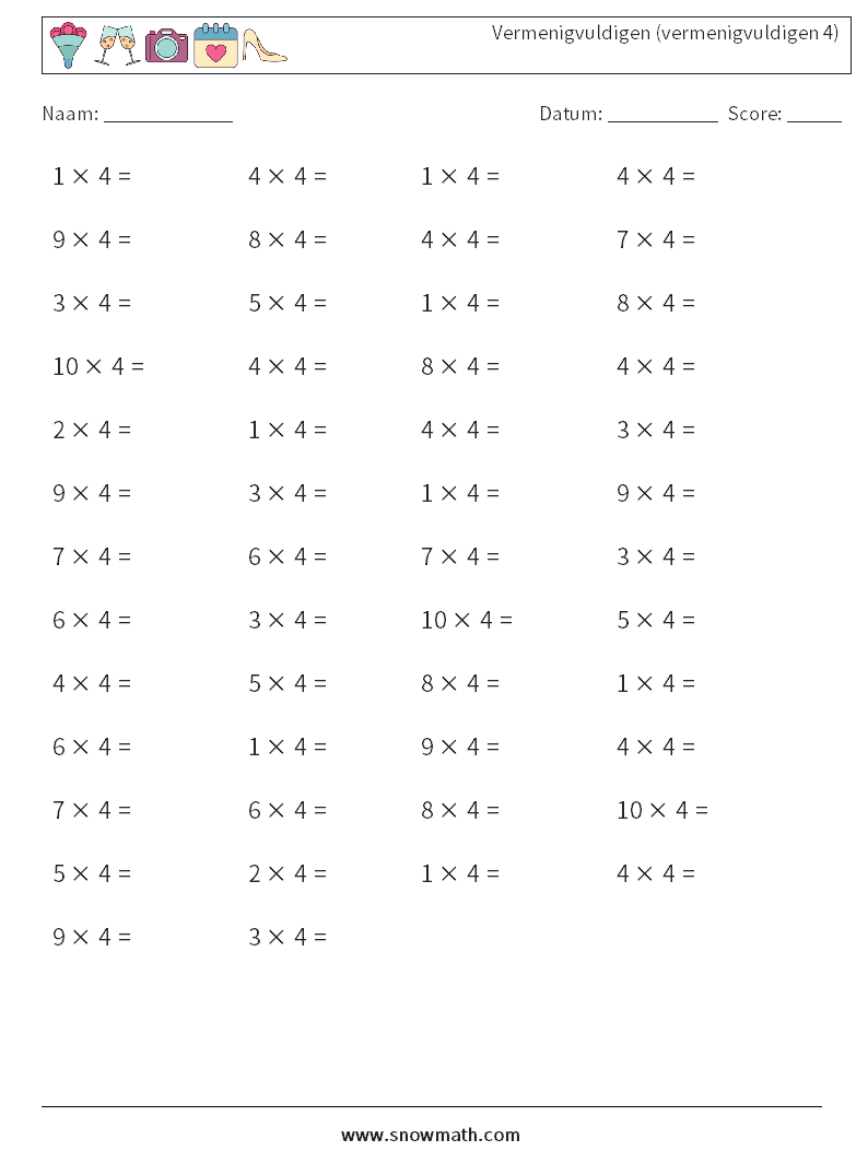 (50) Vermenigvuldigen (vermenigvuldigen 4) Wiskundige werkbladen 3