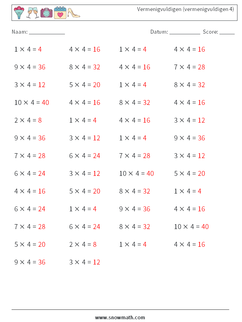 (50) Vermenigvuldigen (vermenigvuldigen 4) Wiskundige werkbladen 3 Vraag, Antwoord