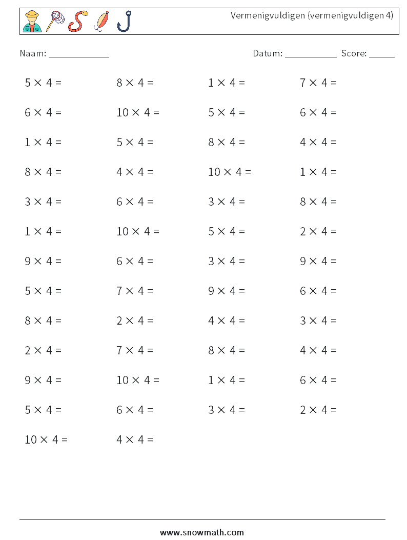 (50) Vermenigvuldigen (vermenigvuldigen 4) Wiskundige werkbladen 4