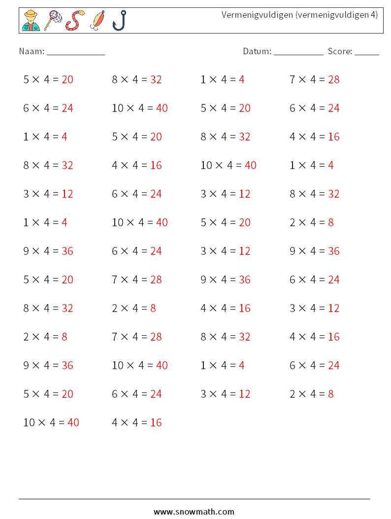 (50) Vermenigvuldigen (vermenigvuldigen 4) Wiskundige werkbladen 4 Vraag, Antwoord