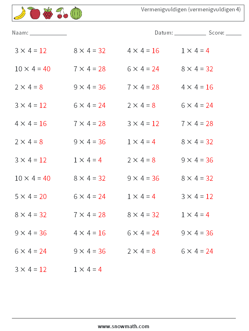 (50) Vermenigvuldigen (vermenigvuldigen 4) Wiskundige werkbladen 5 Vraag, Antwoord