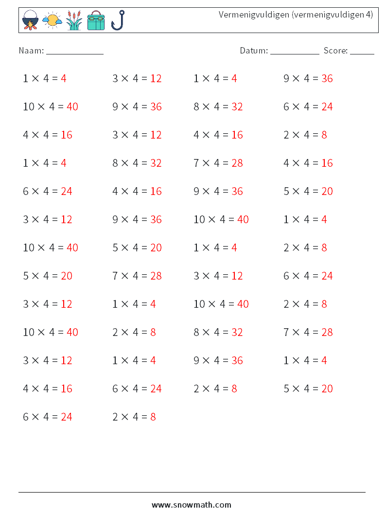 (50) Vermenigvuldigen (vermenigvuldigen 4) Wiskundige werkbladen 7 Vraag, Antwoord