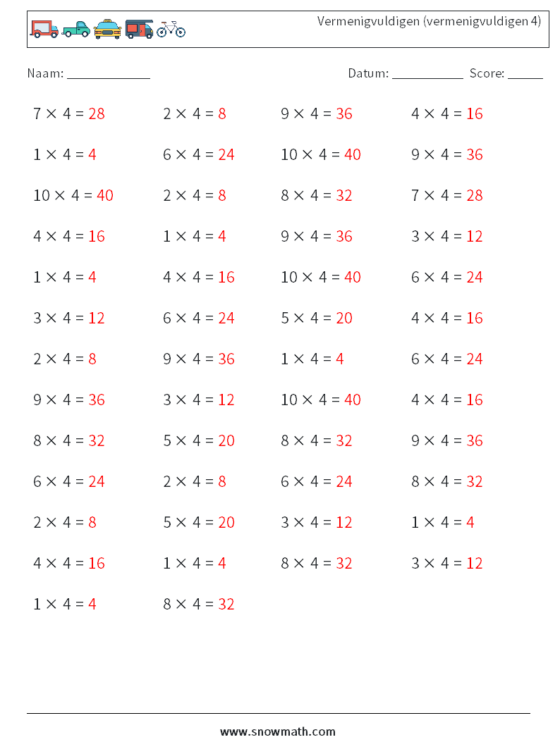 (50) Vermenigvuldigen (vermenigvuldigen 4) Wiskundige werkbladen 8 Vraag, Antwoord