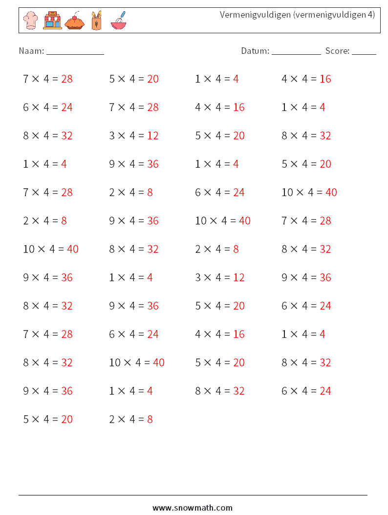 (50) Vermenigvuldigen (vermenigvuldigen 4) Wiskundige werkbladen 9 Vraag, Antwoord