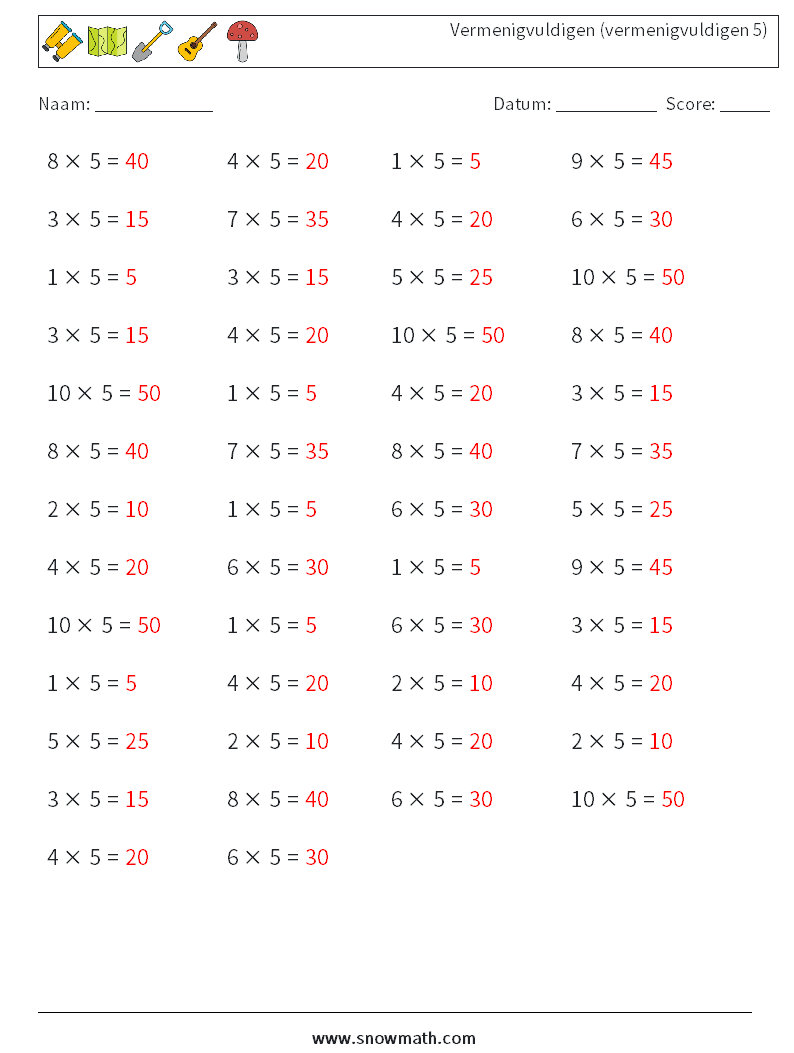 (50) Vermenigvuldigen (vermenigvuldigen 5) Wiskundige werkbladen 1 Vraag, Antwoord