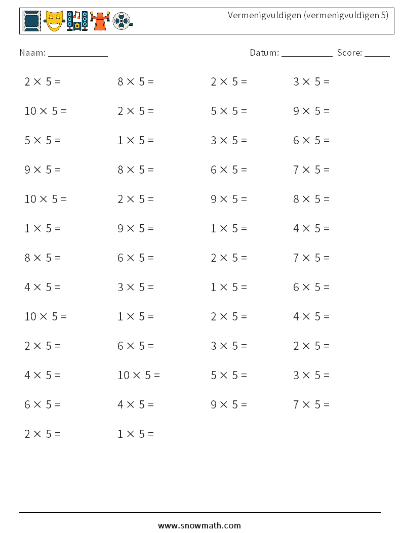 (50) Vermenigvuldigen (vermenigvuldigen 5) Wiskundige werkbladen 2