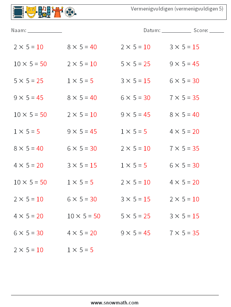 (50) Vermenigvuldigen (vermenigvuldigen 5) Wiskundige werkbladen 2 Vraag, Antwoord