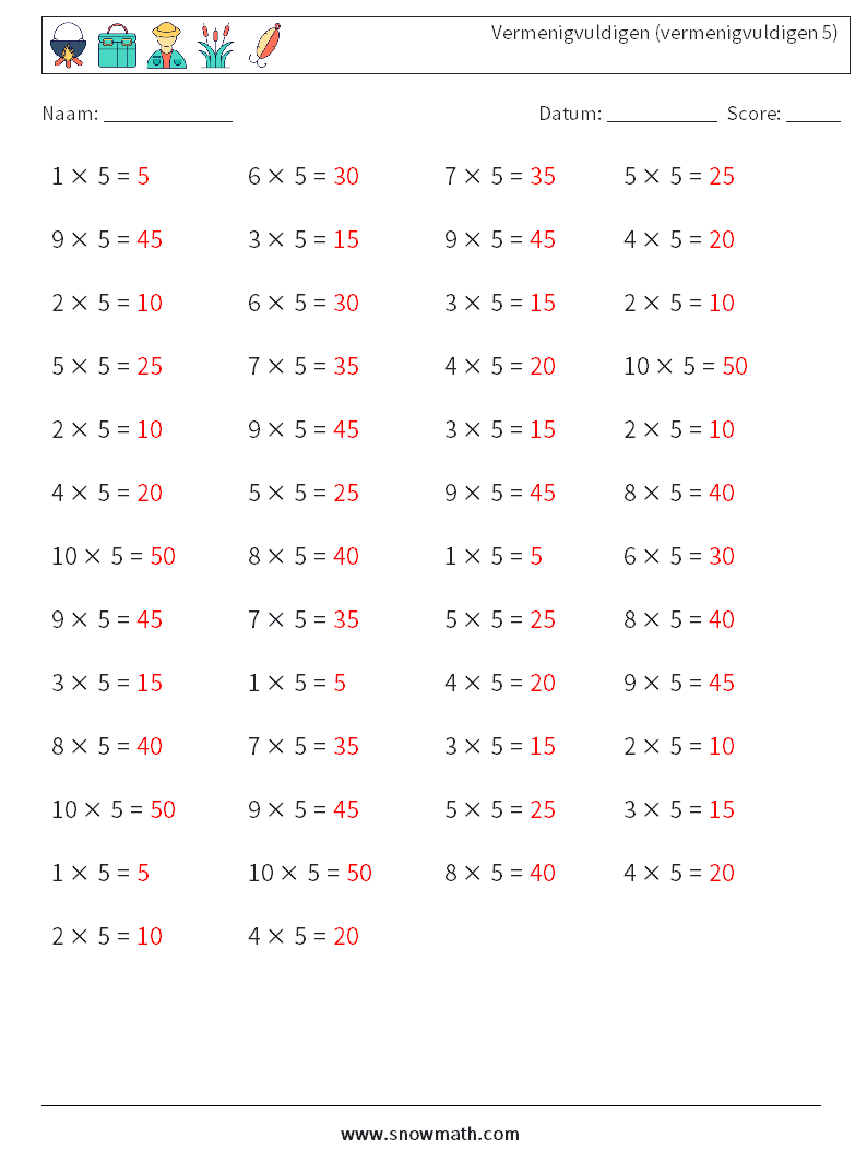 (50) Vermenigvuldigen (vermenigvuldigen 5) Wiskundige werkbladen 3 Vraag, Antwoord