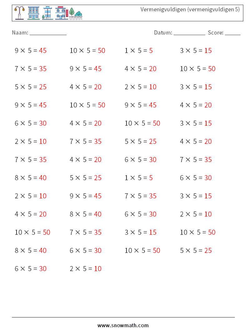 (50) Vermenigvuldigen (vermenigvuldigen 5) Wiskundige werkbladen 4 Vraag, Antwoord