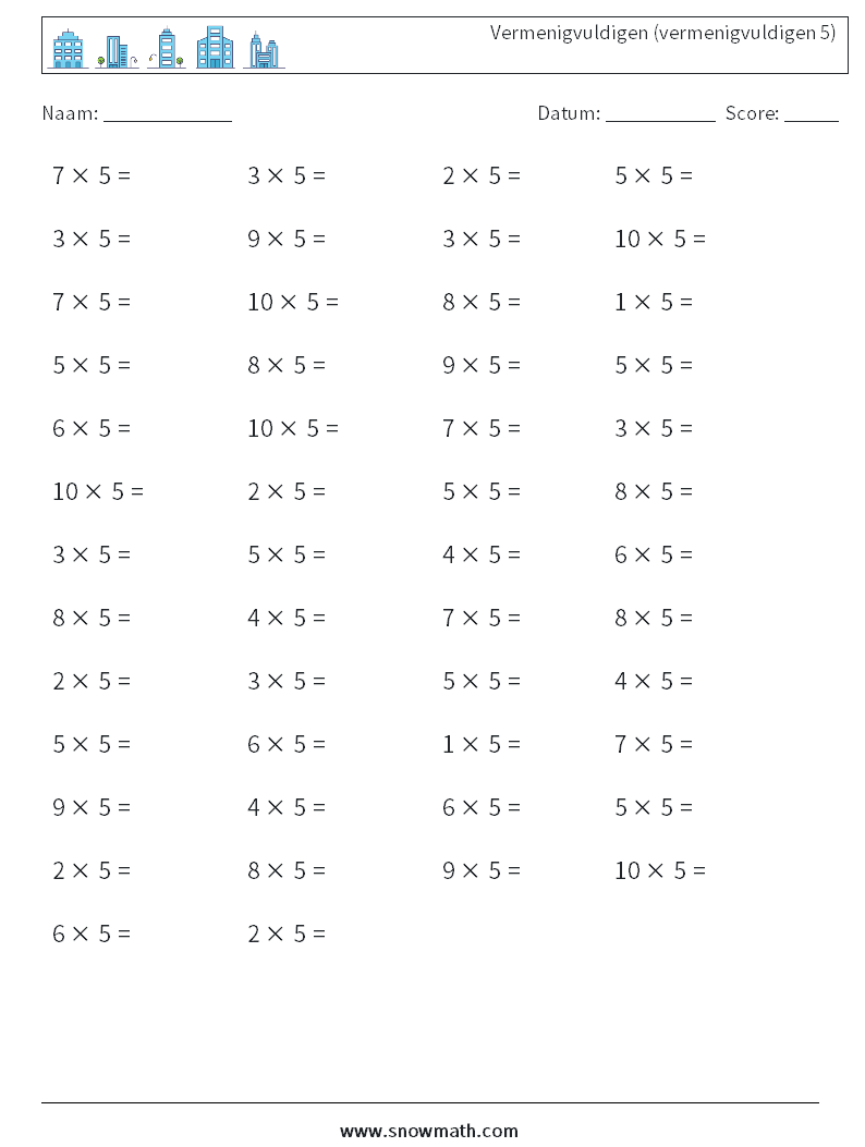 (50) Vermenigvuldigen (vermenigvuldigen 5) Wiskundige werkbladen 5