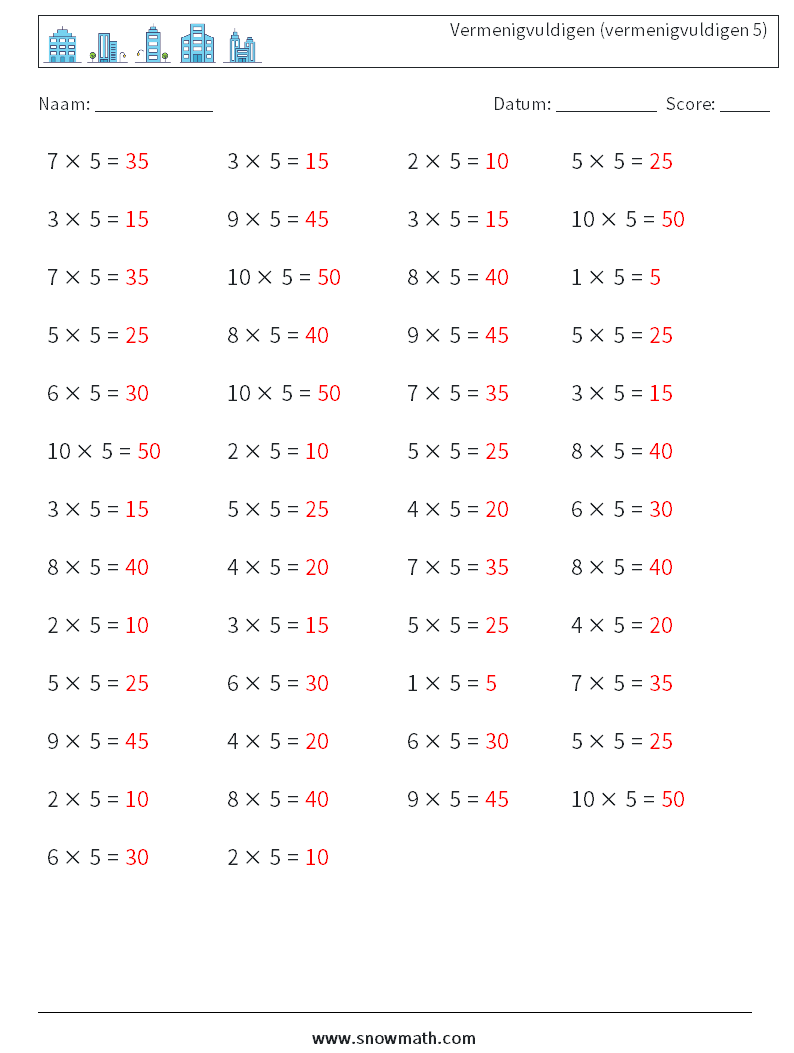 (50) Vermenigvuldigen (vermenigvuldigen 5) Wiskundige werkbladen 5 Vraag, Antwoord